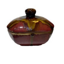 Drip Glazed Pottery Bowl Large 9.5x4 Brown Trinket Jewelry Holder Ribbed &amp; Lid - £35.71 GBP