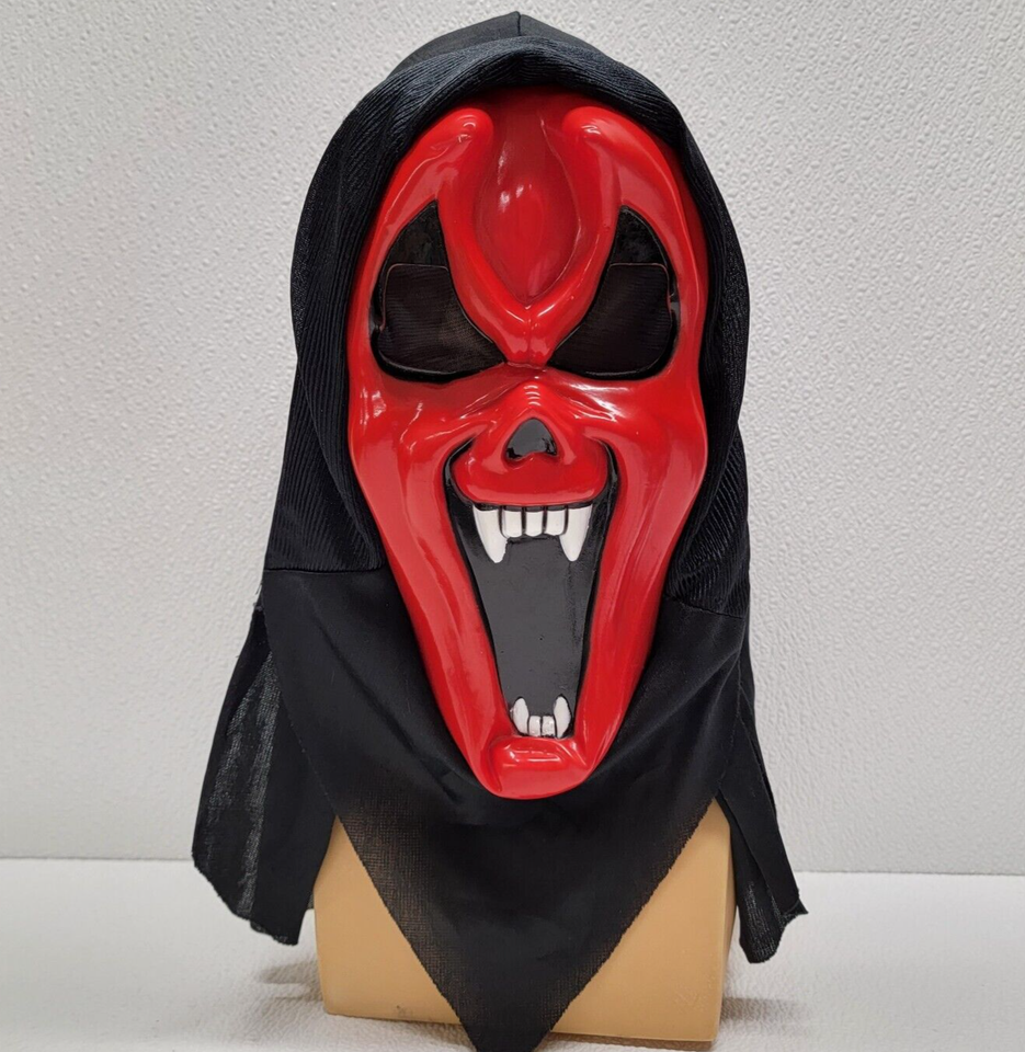 Vintage Funworld Ghost Devil Vampire Mask Red Evil Face Hooded Adult Hal... - $36.62