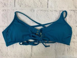 Deep Teal Juniors Ribbed Cross Back Bikini Swim Top US Medium Lace Front - $16.14