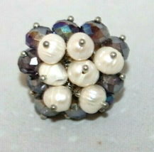Costume Fashion Ring Silver With Purple &amp; Cream Beaded Floral Design Adjustable - £10.91 GBP