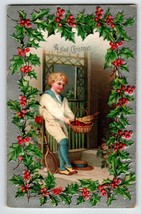 Christmas Postcard Child Basket of Berries Bird Paddle Embossed Poinsettias 1908 - £14.98 GBP