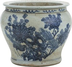 Planter Vase Flower With Pheasant Floral Small Blue White Ceramic Handmade - £199.03 GBP
