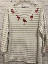 Quacker Factory Top T-Shirt Size 1X Pink Flamingo Sequin Shimmer V-Neck striped - $11.86