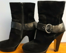 Nine West Black Suede Zippered Stack High Heel Boots Buckle accents 5M E... - $471.67 MXN