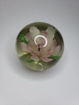 Clear Glass Hand Blown Paperweight Pink Flower Green  - £13.49 GBP