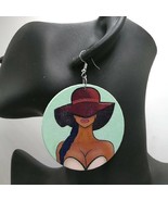 Ponytail and Hat Woman Circle Round Girl Colorful Design Hoop Dangle Ear... - £9.34 GBP