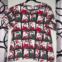 Tafford Christmas Scrub Top Santa Snowmen Short Sleeve Vneck Pockets Large - £12.31 GBP