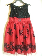 Girls Dress by Youngland SIZE 5 Sparkley Lace over Red Satin Black Sequi... - $19.79