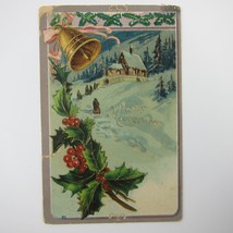 Vintage Christmas Postcard Church Snowy Night Holly Bell Gold Embossed Antique - £15.71 GBP