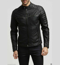 Men&#39;s Handmade Genuine Lambskin Leather Jacket Black Stylish Motorcycle Biker - £84.34 GBP