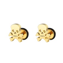 Men&#39;s Gold Skull Crossbones Screw Back Stud Earrings Punk Retro Rock Jewelry - £7.11 GBP