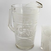 VINTAGE KITCHENWARE WHITE ENAMEL DESIGN GLASS PITCHER WITH ICE LIP + 5 T... - $40.00