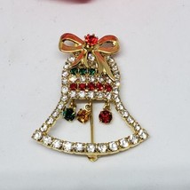 Vintage Glass Rhinestone  Christmas Bell Brooch Gold Tone Pin - $16.95