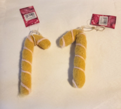 Set of 2 St Nicholas Square Wool Candy Cane Ornaments Yellow Christmas - £8.26 GBP