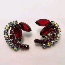 Vintage Earrings Aurora Borealis Clip-On Silvertone Red Rhinestones Bling  - £15.71 GBP