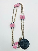 Vintage Floral Statement Necklace Flower Rose Purple Pink Tulip Beads W/Pendant - £19.14 GBP