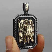 Mens Gold Michael Archangel Medal Shield Pendant Necklace Stainless Steel 24&quot; - £8.69 GBP