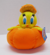 Tweety Bird Halloween Pumpkin Looney Tunes Plush 1997 8&quot; Orange Pin Cushion - £7.96 GBP
