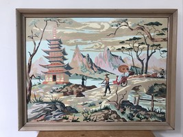 Vtg Asian Chinese Pagoda Landscape Mountain PBN Paint By Number Painting 26 x 20 - £239.75 GBP