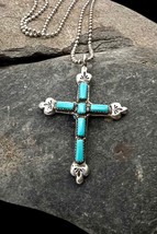 K Natachu Zuni Large Sterling Silver Blue Turquoise Cross Pendant Necklace - £235.98 GBP