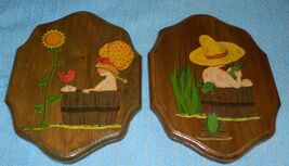 Classic Wall Hanger / Wooden Set of a Boy and Girl Bathing in an Oak Tub - $14.80