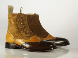 Handmade Men Tan Brown Wing Tip Brogue Boots, Men Leather Suede Button Boots - £127.86 GBP+