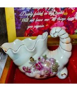 1950s beautiful glass shell vase with floral flowers on front and gold trim - $39.26 CAD