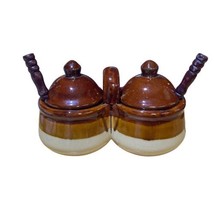 VTG Condiment Connected 2 Jar Server Dish Stoneware Brown with Spoons Ha... - $19.46