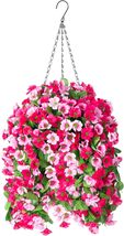 Artificial Hanging Flowers in 12 inch Basket, Fake Plant Silk, Rose and Pink - £23.71 GBP
