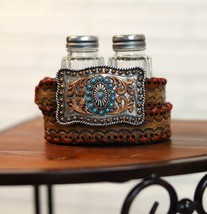 Ebros Western Turquoise Sun &amp; Floral Lace On Belt Buckle Salt Pepper Shakers Set - £22.36 GBP