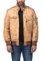 Beige Waxed Motorcycle Men Designer Leather Biker Jacket - $149.00
