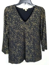 Cha Cha Vente Black &amp; Metallic Gold Knit Blouse V Neck 3/4 Sleeves Size Large - $12.99