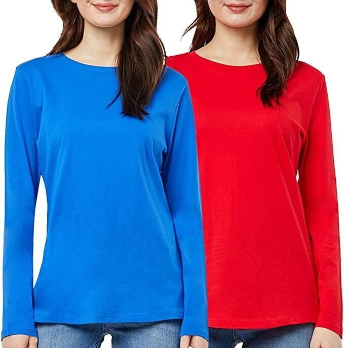 May You Be Blue and Red Long Sleeve Cotton Crew Neck T-Shirts, Women&#39;s S... - $9.49