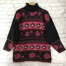 Classic Elements Vintage Granny Core Sweater Sz M Black Pink Roses PullOver - $19.79