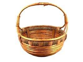 Basket Rattan Woven Reed Rope Sturdy Handle Vintage Centerpiece Home Decor 14&quot; H - £34.27 GBP