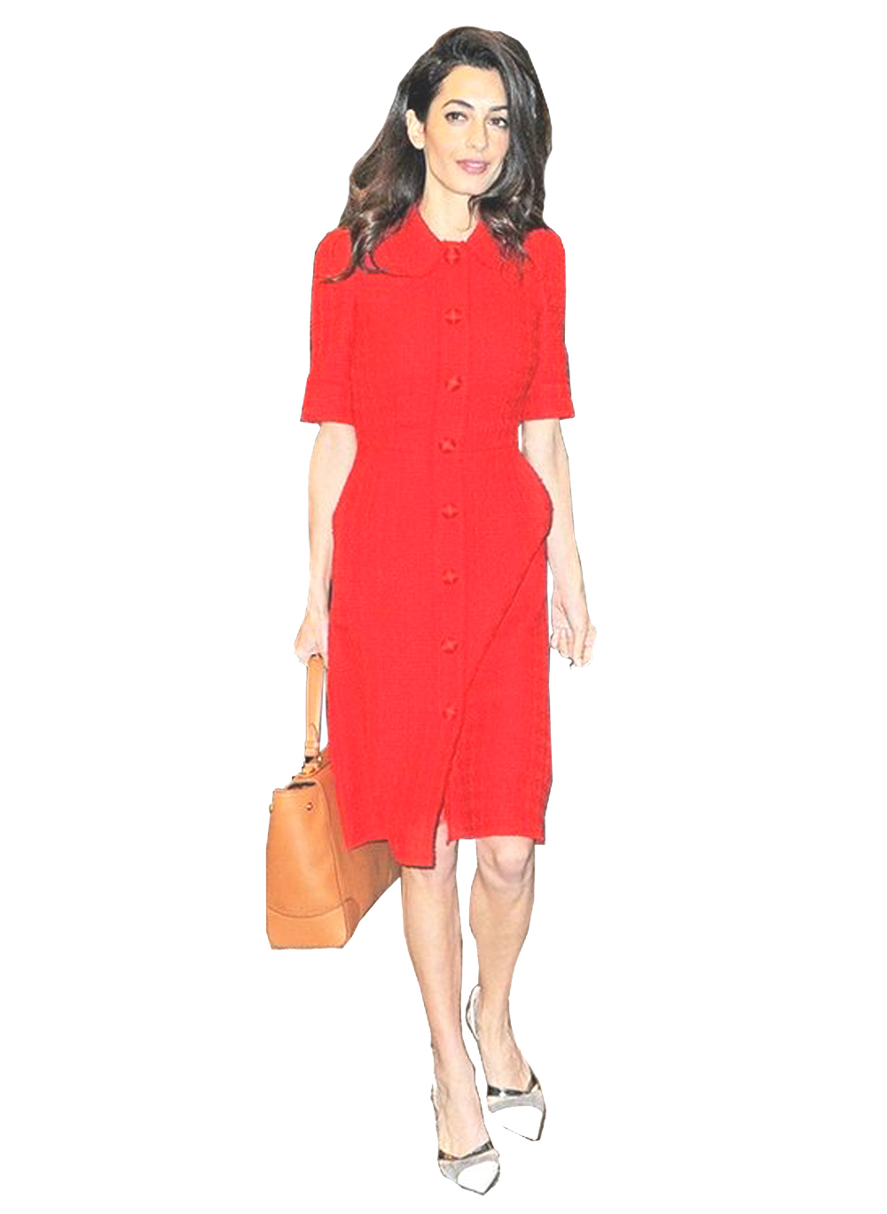 Celeb Amal Clooney Inspired Shirt Collar Scarlet Shirt Sheath Midi Dress in Red Item image 2