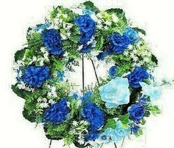 Wreath Blue Silk Flowers Easel Mount grave-site Remembrance. - £73.08 GBP