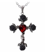 Alchemy Gothic Black Rosifix Cross Pendant Red Heart Black Roses Vines P... - $64.95