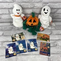 Ty Beanie Babies Lot of 3 Halloween Sheets Spooky &amp; Pumpkin W/Trading Cards - £12.15 GBP