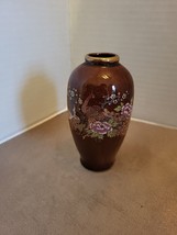 Vintage Small 4” Brown Vase with Gold Bird &amp; Flowers w/Gold Rim Made in ... - £6.61 GBP