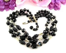 Germany Triple Strand Black Goldtone Beaded Necklace Vintage Graduated Bead 18&quot; - £14.76 GBP