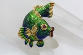 Judith Leiber 18K Yellow Gold Ruby Cabochon Colorful Enamel Fish Brooch Vintage - £3,681.30 GBP