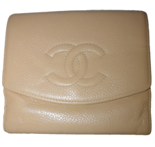 Chanel Beige Caviar Leather Bifold Wallet With CC Logo Good - $149.60