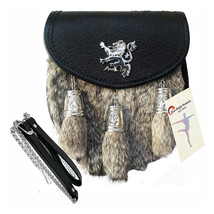 Scottish Kilt Semi Dress Grey Goat Sporran with Rampant Lion &amp; Tassels Caps - $1,596.33 MXN