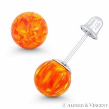 Fiery Orange &amp; Red Synthetic Opal Ball Screwback Stud Earrings in 14k White Gold - £35.41 GBP+