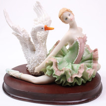 Vintage Ballerina And Swan Statue Figurine On Wood Stand Colorful &amp; Heav... - $23.05