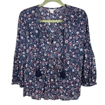 Caslon Women&#39;s Blue Floral Split-Neck Peasant Blouse 3/4-Sleeve Size S - $276.80 MXN