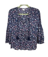 Caslon Women&#39;s Blue Floral Split-Neck Peasant Blouse 3/4-Sleeve Size S - $14.85