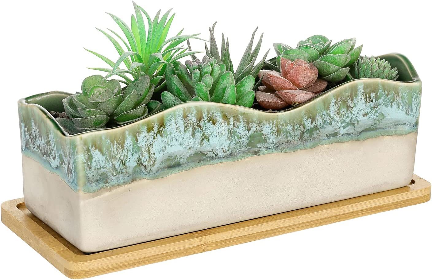 Mygift Rectangular Succulent Planter - Decorative Beige And Green Ceramic Glazed - $39.99