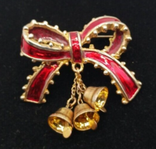 Vintage Red Enamel and Gold Tone Ribbon Bow Brooch w/Hanging Bells - £15.65 GBP